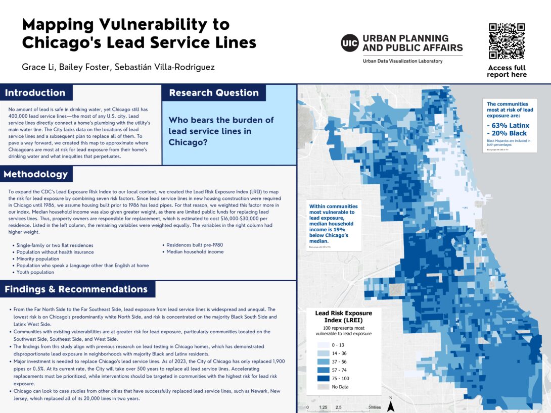 Bailey Foster and Grace Li's 2023 award-winning poster on mapping vulnerability to Chicago's lead service lines.
