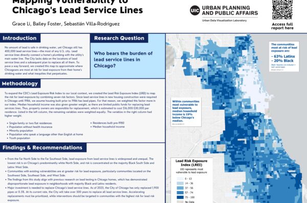 Academic poster about vulnerability to lead service lines in Chicago, IL. This poster, created by Bailey Foster and Grace Li in Fall of 2023, won best student poster at the ILGISA conference
