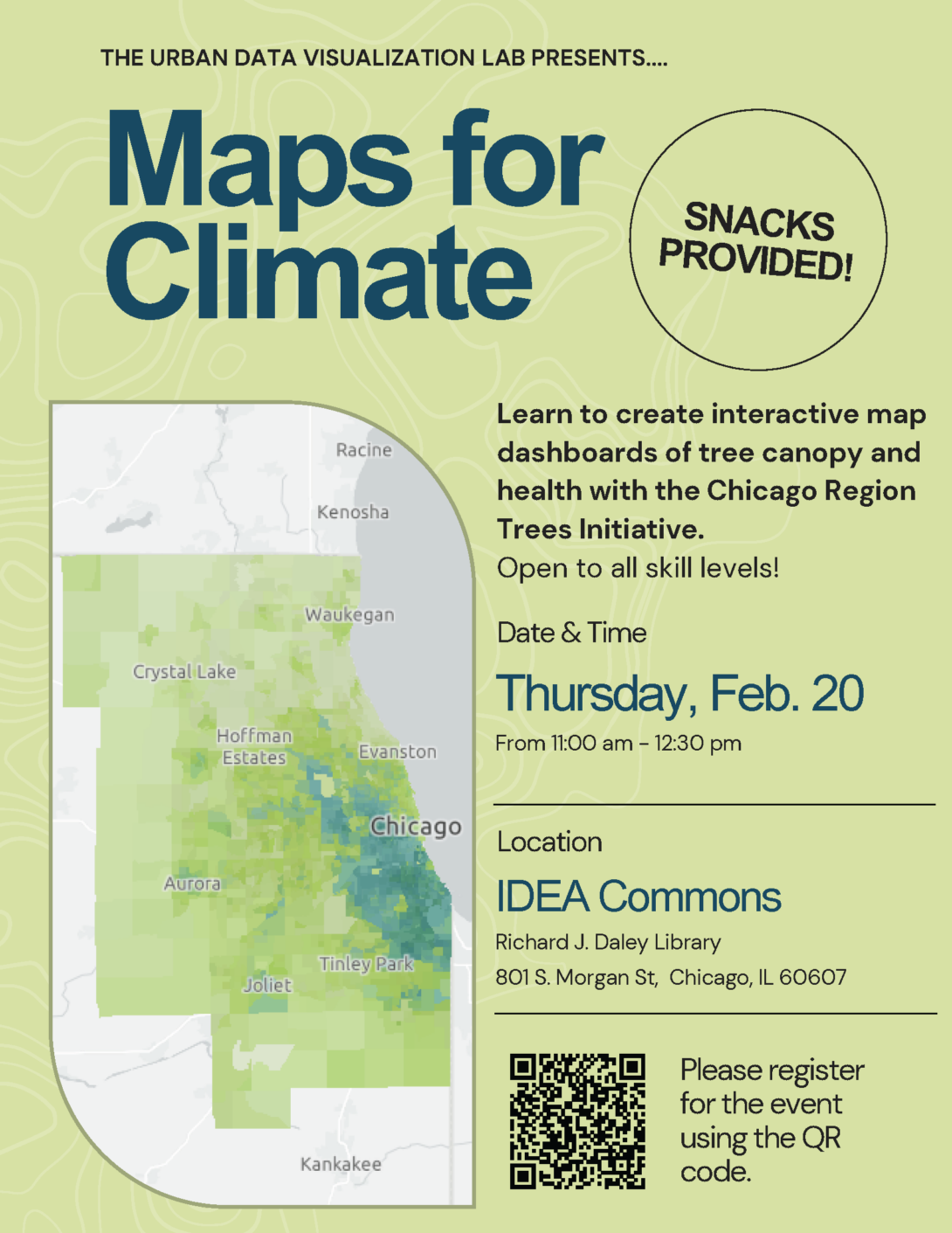 This flyer shows a choropleth map of the Chicago area - Cook and the collar counties - where central and southern areas of Chicago are shaded blue and deep green, and areas become lighter green the further you travel away from the city center into the surrounding suburbs. The map overlays a greyscale basemap for context. The flyer contains all the details about the event listed on this page, with a header that says 